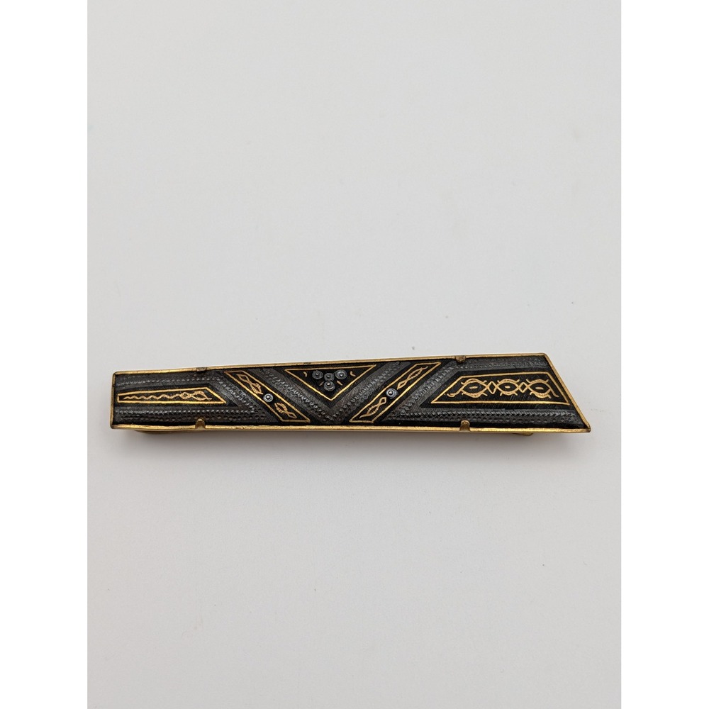 Vintage Toledo Damascene Tie Bar Clip Gold Black Geometric Made in Spain 2.5"